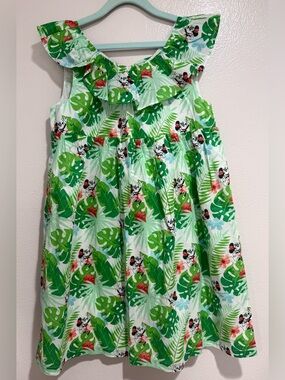 Disney Girls Green Tropical Leaf & Minnie Print Ruffle Dress
